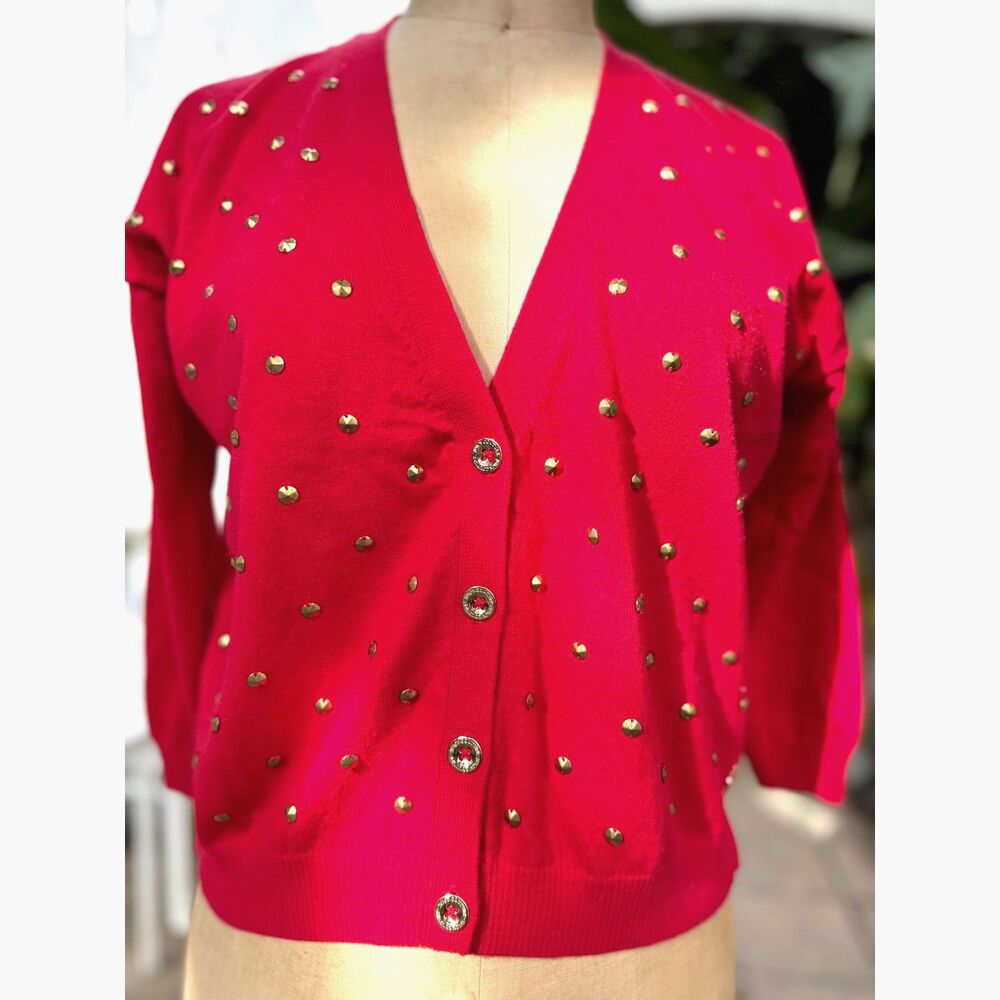 Vintage Y2K Cherry Red Gold Studded 4 Button Slightly Oversized Cardigan Size M